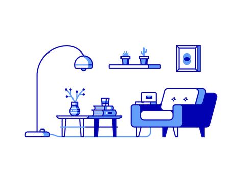 Living Room by Chris van Rooyen Living Room Illustration, Login Page Design, Home Graphic, Flat Character, School Murals, Cabin Art, Icon Style, Outline Illustration, Daily Ui