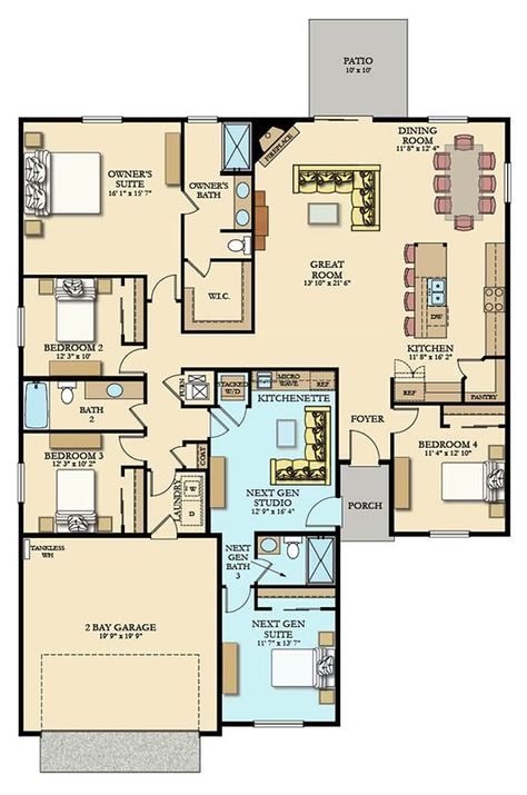 Next Gen Floor Plans, Single Story Multi Generational House Plans, Single Story Family Home, Next Gen House Plans Single Story, House Plans For Multi Generations, Lennar Multigenerational House Plans, Multigenerational House Plans, Multigenerational House, Bungalow Floor Plans