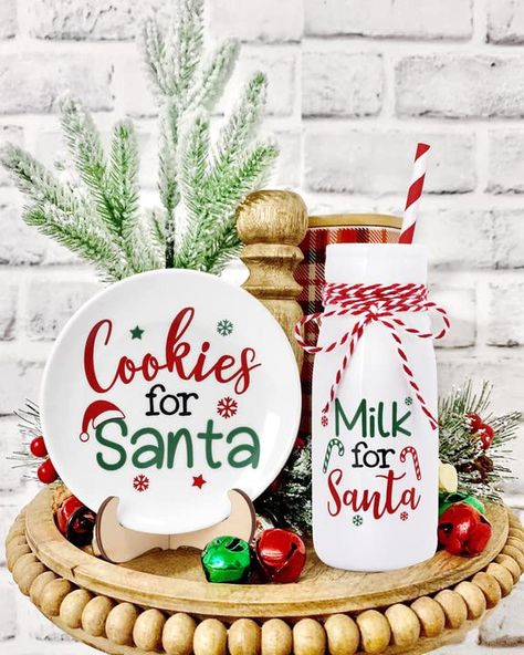 Christmas Cookie Plate, Milk For Santa, Christmas Tiered Tray Decor, Cookies For Santa Plate, Homemade Signs, Milk Jar, Xmas Treats, Christmas Tiered Tray, Cookie Plate