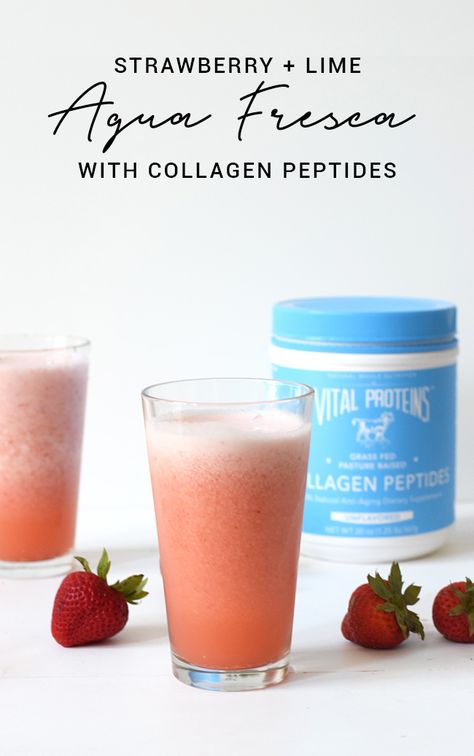 Paleo Shakes, Collagen Peptides Recipes, Smoothie Recipe Strawberry, Lime Agua Fresca, Strawberry Agua Fresca, Health Benefits Of Collagen, Collagen Smoothie, Collagen Recipes, Paleo Drinks