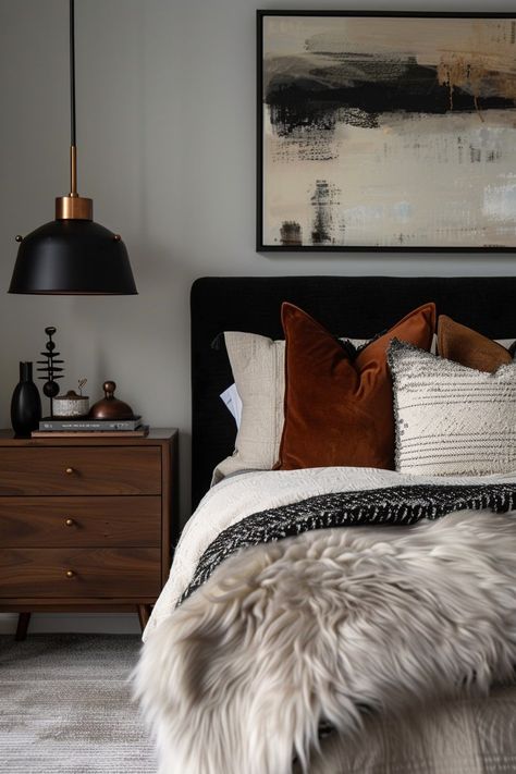 Room Decor With Black Bed, Black Moody Bedroom Ideas, How To Make Home Cozy How To Decorate, Colored Bedding Bedroom Ideas, Mountain Chic Bedroom, Bedroom Inspo Married Couple, Moody Bedroom Light Walls, Antique Bedroom Decor Ideas, Bedroom With Black Headboard Ideas