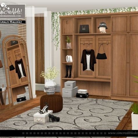 Part of 'Naturalis' series, a Sims4 CC set full of natural elements and earth tones collection that features all basic rooms for a complete house building on this theme. More details here: https://simcredibledesigns.tumblr.com/simcrediblenaturalis Sims 4 Cc Room Divider, Sims 4 Entryway Cc, Sims 4 Hallway Cc, Wooden Entrance, Entrance Room, Huge Mirror, Sims Houses, Sims 4 Bedroom, Cc Mods