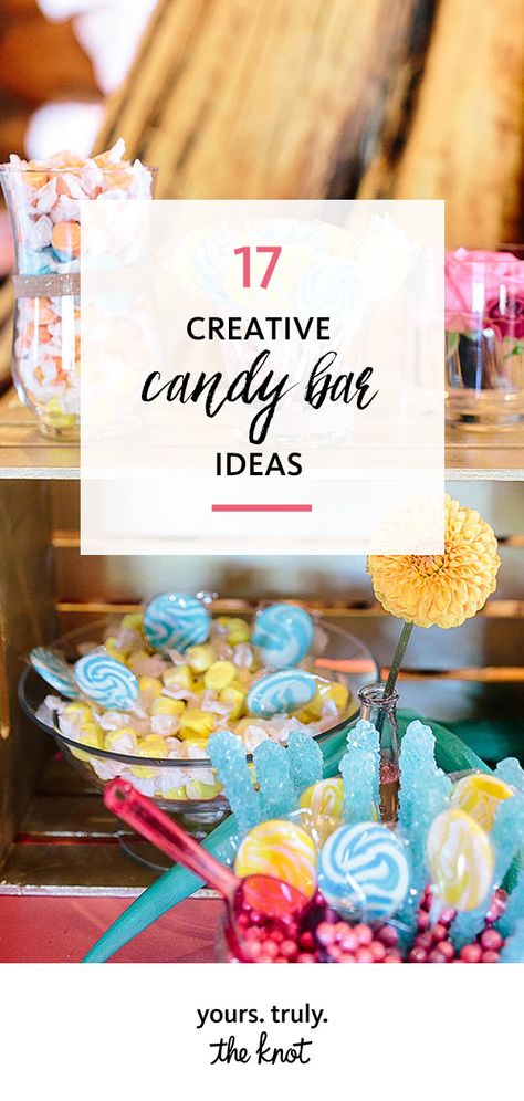 Who doesn't love a beautiful candy bar at a wedding? They multitask as decor and food, plus they're so easy to personalize. Rehearsal Dinner Candy Bar, Easy Candy Bar Ideas, Bride And Groom Favorite Candy, Candy Station Ideas Wedding, Candy Bars For Weddings, Engagement Party Candy Bar, Unique Candy Bar Ideas, Diy Wedding Candy Bar, Wrapped Candy Bar Ideas