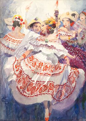 Dancers in Dress Costume, la Pollera of Panama Carl Folke Sahlin Born: Stockholm, Sweden 1885 Died: 1976 watercolor Smithsonian American Art Museum Transfer from the National Museum of Natural History, Department of Anthropology, Smithsonian Institution 1985.66.386,613 Panama Art, Panama Culture, Ballet Drawings, National Museum Of Natural History, Girl Draw, Dancers Art, Museum Of Natural History, Smithsonian Institution, Dope Art