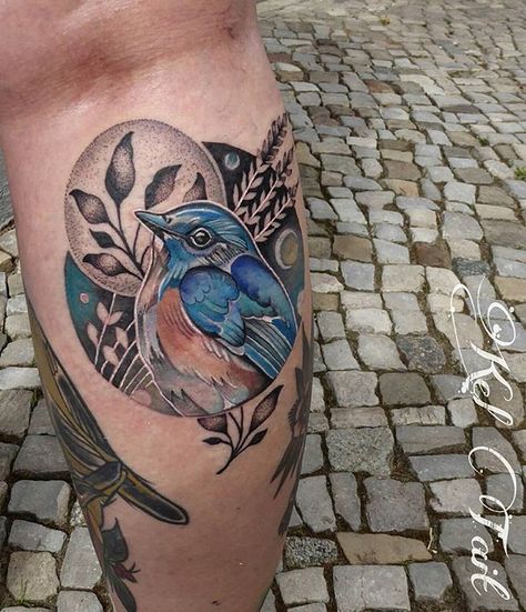 Mountain Blue Bird Tattoo, Partial Color Tattoo, Wendy Tattoo, Blue Bird Tattoo, Buddha Tattoo Sleeve, Tattoos Birds, Deer Tattoo Designs, Tattoo Birds, Bluebird Tattoo