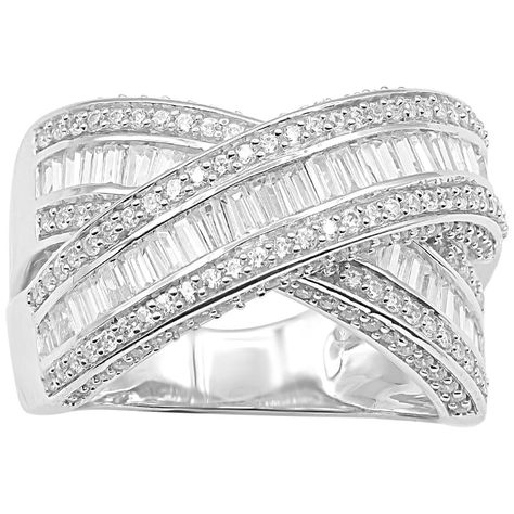 Beautiful Round Natural Diamond and crafted in 14 karat white gold criss-cross design Band Ring. This ring is beautifully designed and pave, prong and channel set with 178 round brilliant and 107 baguette-cut diamonds. The total weight of diamonds 2.00 carat, H-I Color and I2 Clarity. This ring has high polish finish and is valuable addition to any jewelry collection. Jewelry Wedding Rings, Baguette Cut Diamond, Cross Design, Diamond Rings Bands, Channel Set, Baguette Cut, Baguette Diamond, 2 Carat, Diamond Bands