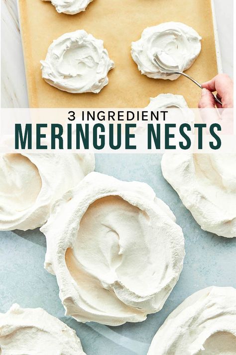 Meringue Nests Meringue Nests Recipe, Meringue Nests, Mini Meringues, Baked Meringue, Meringue Recipe, Chantilly Cream, Baking Basics, Meringue Cookies, Caramel Flavoring