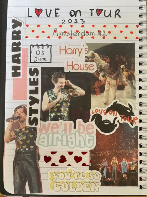 Harry Styles Scrapbook Ideas, Scrapbook Ideas Concert, Concert Scrapbook Page, Concert Book Ideas, Harry Styles Journal Page, Scrapbook Concert Ideas, Harry Styles Journal Ideas, Concert Journal Ideas, Memorie Journal