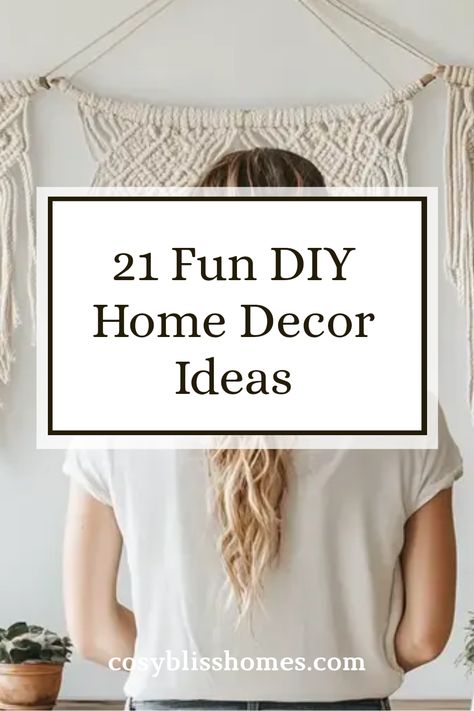 Explore 21 fun DIY home decor ideas for a stylish and affordable home makeover. This pin showcases creative macrame projects and other DIY inspiration to refresh your living space. Uses one detailed image. Youtube Decor Ideas, Cheap Decorating Ideas For Home, Diy Modern Home Decor, Home Decor Craft Ideas, Simple Diy Home Decor, Creative Centerpieces, Easy Diy Home Decor, Macrame Wall Hangings, Diy Interior Decor