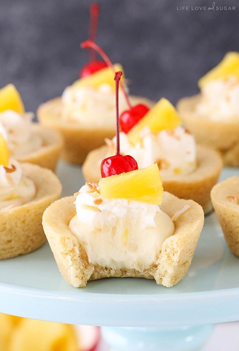 Church Desserts, Life Love And Sugar, Pineapple Cheesecake, Spring Snacks, Hawaiian Desserts, Coconut Cookie, Tropical Desserts, Cookie Cups Recipe, Pina Colada Recipe