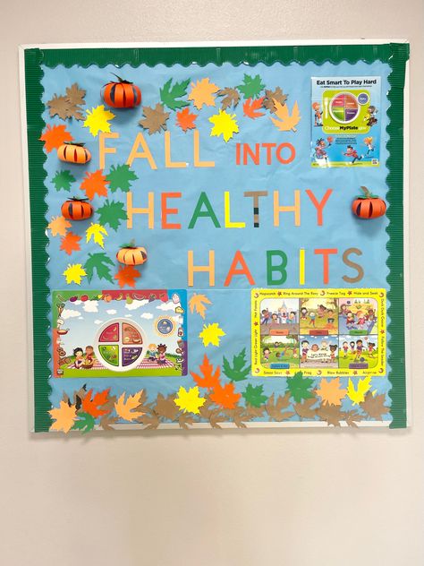 Fall Clinic Bulletin Boards, Clinic Fall Decor, Fall Board Ideas For Work, Fall Pe Bulletin Boards, Fall Health Bulletin Boards, Fall School Nurse Bulletin Board Ideas, Fall Cafeteria Bulletin Board Ideas, Fall Into Healthy Habits Bulletin Board, Fall Prevention Bulletin Board