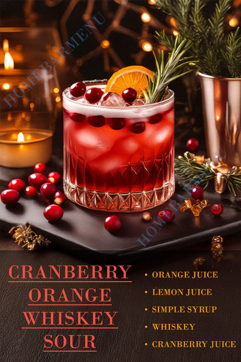 The Cranberry Orange Whiskey Sour is a festive twist on the classic whiskey sour, blending the tangy sweetness of cranberry and orange with the bold depth of whiskey. This cocktail is a perfect balance of tart citrus and smooth whiskey, making it ideal for holiday gatherings or any occasion that calls for a touch of sophistication. With its vibrant ruby hue and refreshing flavor, the Cranberry Orange Whiskey Sour is a showstopper that’s as delightful to look at as it is to sip. Cranberry Whiskey Sour Recipe, Cranberry Orange Whiskey Cocktail, Whisky Mixed Drinks, Whisky Christmas Cocktail, Whiskey Sour Recipes, Cranberry Orange Whiskey Sour, Whiskey Winter Cocktails, Jameson Orange Whiskey Drinks, Holiday Whiskey Drinks