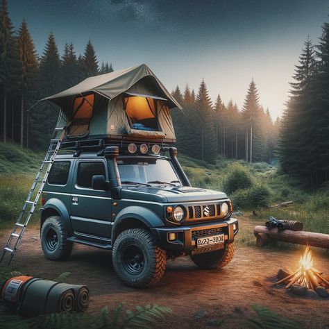 Jimny with tent at the roof top. Cozy adventure begins #jimny #4x4 Suzuki Jimny Roof Tent, Jimny Camping, Jimny 5 Door, Jimny Camper, Jimny Jb74, 2025 Manifestation, Jimny 4x4, Jimny Suzuki, Camping Inspiration