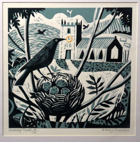 Mary Sumner, printmaking, Lino, woodcut, crow, bird, nest, eggs, nature, artwork, print Reduction Print, Linocut Printmaking, Lino Cut, Linocut Art, Woodcuts Prints, Print Ideas, 수채화 그림, Wood Engraving, Block Printing