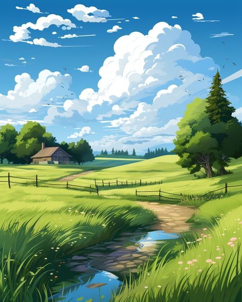 Landscape Digital Art Easy, Ghibli Mural, Ghibli Landscape, Animated Landscape, Village Scenery, الفن الرقمي, Forest Mural, A Level Art Sketchbook, Anime Backgrounds Wallpapers