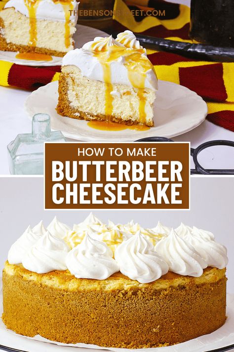 Head to the Wizarding World of Harry Potter with this Butterbeer Cheesecake Recipe. This traditional cheesecake adds in flavors inspired by the butterbeer drink perfect for a Harry Potter fan to enjoy. Butterbeer Dessert Recipes, Harry Potter Butter Beer Cheesecake, Hogwarts Butterbeer Cheesecake, No Bake Thanksgiving Cheesecake, Harry Potter Inspired Desserts, Butter Beer Cheesecake, Harry Potter Cheesecake, Butterbeer Cheesecake Recipe, Best Cheesecake Flavors