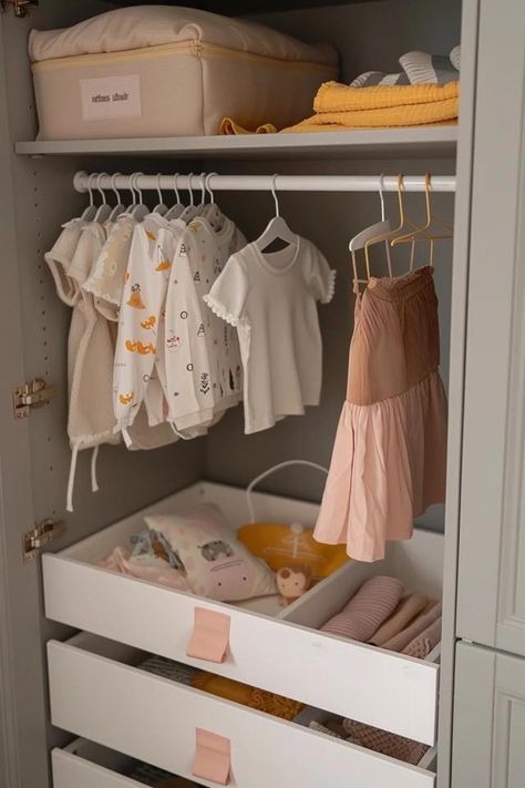 Nursery Closet Organization Ideas for New Parents Nursery Closet Storage, Nursery Closet Organization Ideas, Nursery Dresser Organization, Nursery Closet Organization, Dresser In Closet, Baby Closet Dividers, Closet Organization Ideas, Baby Room Organization, Toddler Playroom