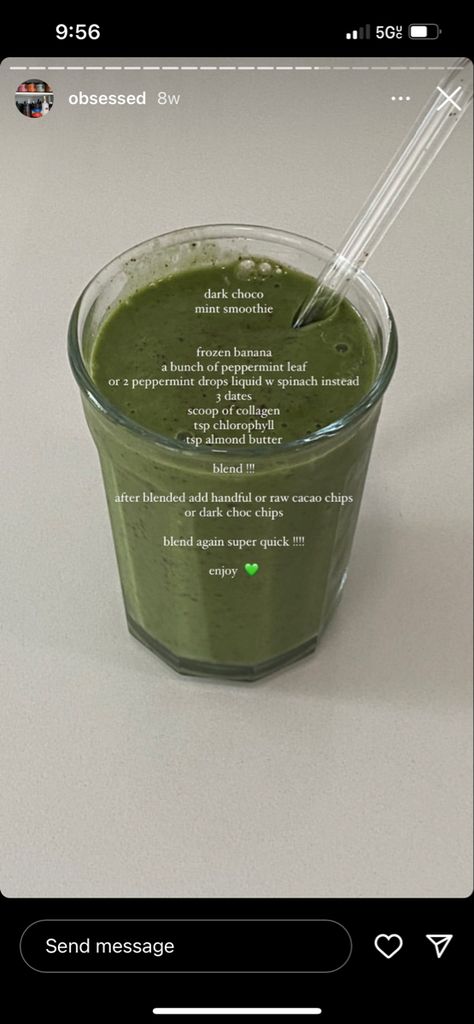 Chlorophyll Smoothie Recipe, Chlorophyll Drink Recipes, Chlorophyll Smoothie, Chlorella Recipe, Chlorella Smoothie, Mint Smoothie, Smoothie Drink Recipes, Peppermint Leaves, Raw Cacao