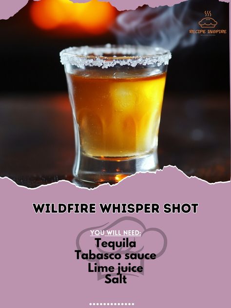 🔥 Whisper your secrets with a Wildfire Whisper Shot! A spicy kick with a smooth finish! 🌶️🔥 #WildfireWhisperShot #SpicyShots Wildfire Whisper Shot Ingredients: Tequila (1 oz) Tabasco sauce (2 dashes) Lime juice (1/2 oz) Salt (pinch) Ice Instructions: In a shaker, combine tequila, Tabasco sauce, lime juice, and ice. Shake well and strain into a shot glass. Sprinkle a pinch of salt on top. 🔥🌶️ Ignite your night with this fiery shot! Perfect for thrill-seekers! 🍹🔥 #SpicySips #ThrillSeeker Camping Cocktails, Homemade Liquor, Cocktail Party Food, Yummy Alcoholic Drinks, Tequila Drinks, Tabasco Sauce, Shot Recipes, Feminine Art, Party Recipes