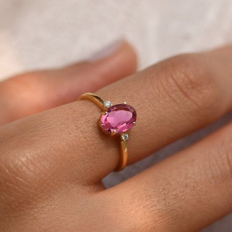 Pink Gemstone Engagement Rings, Ruby Ring Designs, Pink Tourmaline Engagement Ring, Pink Engagement, Delicate Gold Ring, Tourmaline Engagement Ring, July Birthstone Ring, Ruby Diamond Ring, Pink Engagement Ring