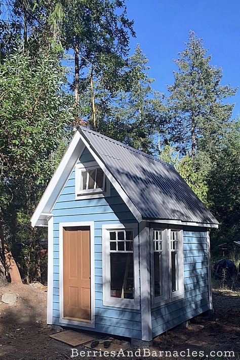 We built a 100 sq ft. shabin for our family of four. It's got room for sleeping and storage. Perfect for our off-grid property. Here are our building plans so you can build your own sweet-little-shed. #shabin #tinyhome #bunkie Best Tiny House Layout, Writing Cottage, Playhouse Loft, Bunkie Ideas, Small Structures, Tiny Cottages, Garden Huts, Skillion Roof, Shed Cabin