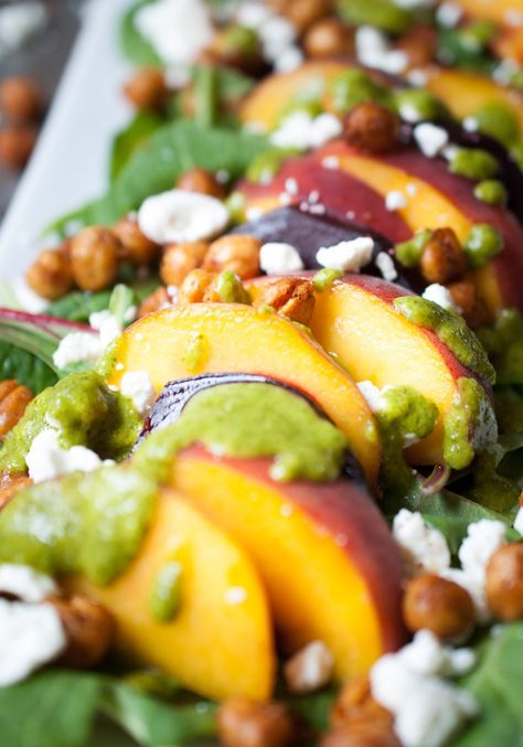 Roasted Beet, Peach, & Crispy Chickpea Salad | life is but a dish Peach Beet Salad, Nutritional Salads, Crispy Chickpea Salad, Peach Salad Recipes, Roasted Chickpea Salad, Crispy Chickpea, Herb Vinaigrette, Crunchy Chickpeas, Fresh Beets