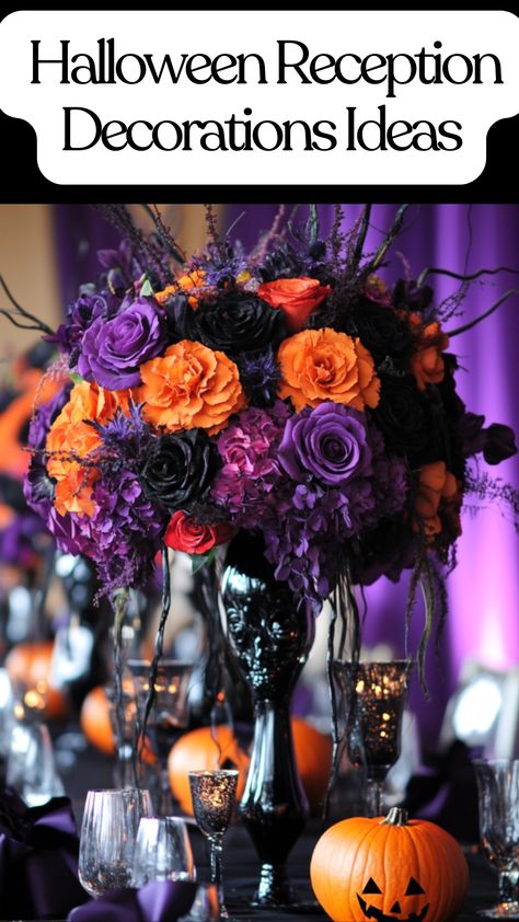 Elegant Halloween wedding reception decor featuring black, purple, and orange accents, including eerie centerpieces and bold floral arrangements. Halloween Wedding Ideas Diy, Halloween Wedding Reception Ideas, Spooky Wedding Decor, Halloween Wedding Reception Decorations, Halloween Wedding Decor, Halloween Gala, Halloween Wedding Centerpieces, Halloween Reception, Wedding Decorations Table Settings