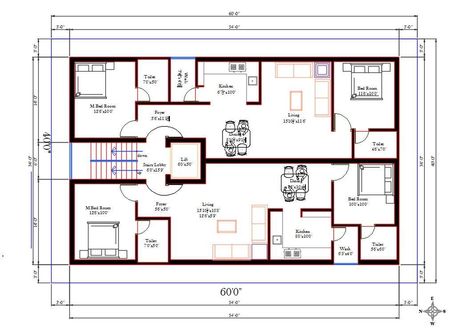 40x60 Apartment Plan, 60 X 40 House Plans Layout, 60x40 House Plans, 40x60 House Plans, Commercial Building Plans, Small Apartment Plans, Duplex House Plan, Home Gym Design Garage, Apartment Floor