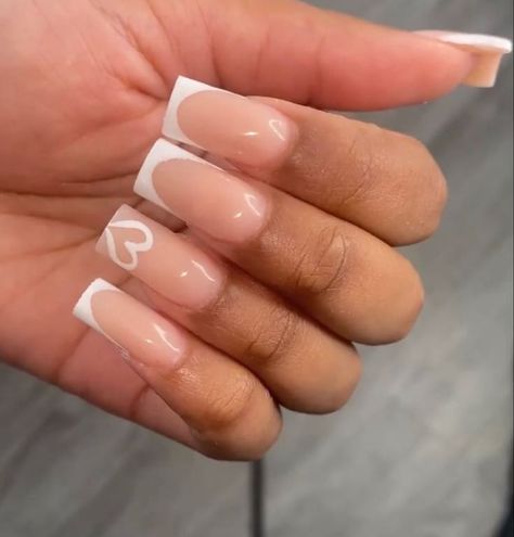 White Fresh Tip Nails, Love Heart Nail Designs, Nail Designs With The Letter J, French Nails With Heart On Ring Finger, French Tip Ideas Square, Short Cute Birthday Nails, Square Acrylic Nails Valentines, Acrylic Nail Square, Acrylic Nail Designs Long Square