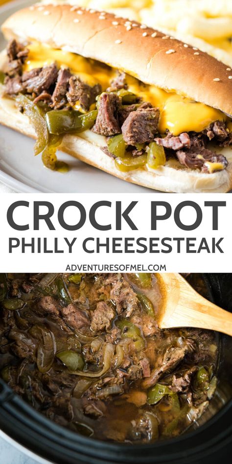 Philly Cheese Steak Crock Pot, Philly Cheese Steak Sandwich Recipe, Cheese Steak Sandwich Recipe, Cheesesteak Sandwich, Steak Sandwich Recipes, Slow Cooker Steak, Crockpot Steak, Recipe Crockpot, Cheesesteak Recipe