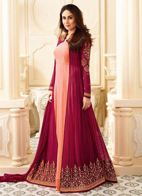 Buy Kareena Kapoor Peach N Maroon Anarkali Suit online from the wide collection of anarkali-suit.  This Peach | Maroon colored anarkali-suit in Faux Georgette fabric goes well with any occasion. Shop online Designer anarkali-suit from cbazaar at the lowest price. Pink Anarkali Suits, Anarkali Suits Bollywood, Patiyala Dress, Indian Anarkali, Long Anarkali, Designer Anarkali Suits, Pista Green, Anarkali Salwar, Lehenga Suit