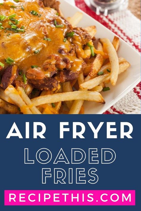 Air Fryer Loaded Fries. Whether you love air fryer sloppy joe’s fries, air fryer loaded taco fries, or air fryer chili fries, we will show you how to cook both the loaded toppings and the fries in the air fryer. #airfryer #airfryerrecipes #airfryerfries Air Fryer Loaded Fries, Cheesy Fries Recipe, Air Fryer Chili, Chili Cheese Fries Recipe, Taco Fries, Loaded Fries Recipe, Fries Air Fryer, Fries In The Air Fryer, Air Fryer Fries