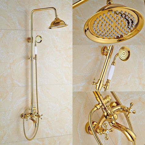 Gold Bathtub, Rain Shower System, Best Kitchen Design, Gold Shower, Luxurious Showers, Shower Holder, Brass Shower, Shower Faucet Sets, Bath Mixer