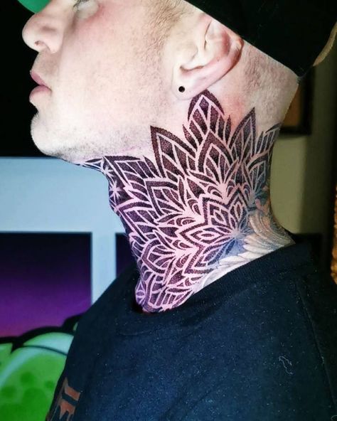 Dot Work Neck Tattoo Men, Mandala Throat Tattoo Men, Mandala Neck Tattoo Men, Throat Tattoo Men Design, Mandala Throat Tattoo, Full Throat Tattoo Men, Filler Tattoo Ideas Gap Men, Throat Tattoo For Guys, Geometric Neck Tattoo