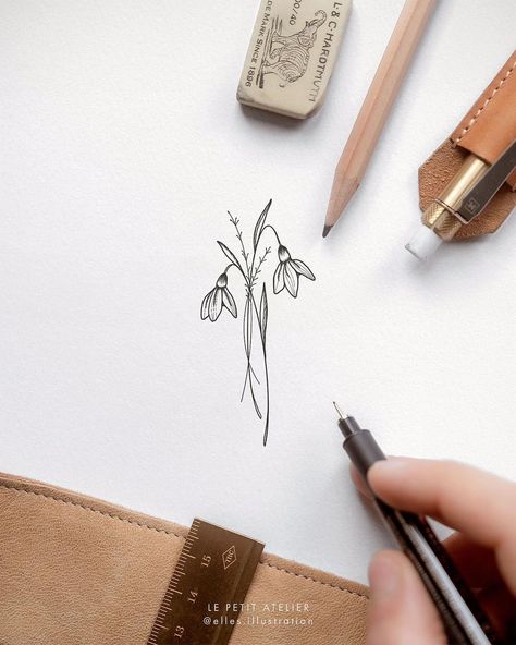 January birthflower snowdrop minimalistic tattoo design birth flower fineliner illustration ↟ Elles Nijland ↟ Le Petit Atelier • @elles.illustration Snowdrop Birth Flower Tattoo, Snowdrop Butterfly Tattoo, January Birth Tattoo Ideas, July And January Flower Tattoo, Snowdrop Flower Tattoo Behind Ear, Tattoo Snowdrop Flower, January Flower Tattoo Snowdrop, Snowdrop Line Tattoo, Snowdrop Back Tattoo