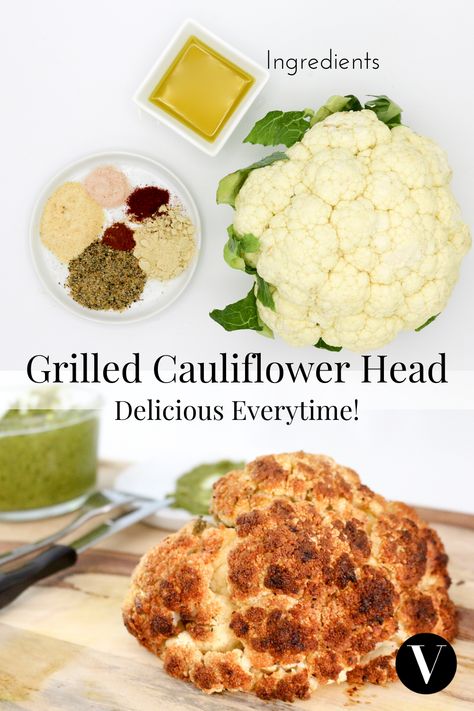 Grilled Cauliflower Head, Cauliflower On Bbq, Cauliflower Grill Recipes, Cauliflower On The Grill, Grilled Cauliflower Recipes, Roasted Cauliflower Head, Bbq Cauliflower, Bbq Roast, Grilled Cauliflower