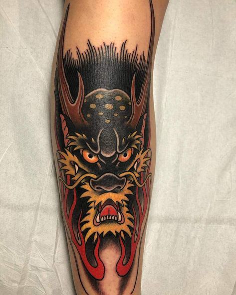 Dragon Head Tattoo Traditional, Dragon Cat Tattoo, Japanese Dragon Face Tattoo, Japanese Black And Grey Tattoo, Traditional Dragon Head Tattoo, Old School Dragon Tattoo, Neo Traditional Dragon Tattoo, Traditional Samurai Tattoo, Japanese Dragon Head Tattoo