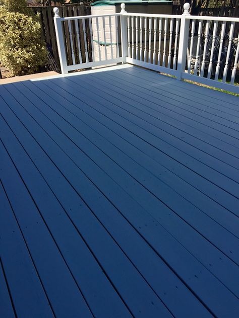 Blue House Deck Color Ideas, Blue Deck Ideas, Blue Deck Paint, Dark Brown Deck Paint, Stained Deck Painted Railing, Navy Blue Deck, Privacy Backyard, Deck Painting, Deck Paint Colors