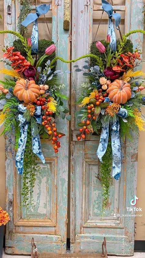 [PaidLink] Kasie Warner On Instagram: Designing A Pair Of Fall Wreaths..This Custom Order Really Needed To Pop On Her Doors! I CanT Wait To See Them In Action. #diyfallwreathforfrontdoor Fall Decor Wreaths, Fall Swags, Fall Flower Arrangements, Fall Door Decorations, Fall Arrangements, Fall Thanksgiving Decor, Fall Deco, Autumn Decorating, Fall Outdoor Decor