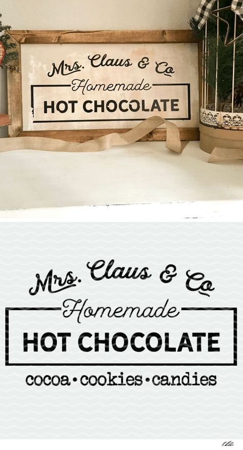 Mrs. Claus & Co. Hot Chocolate sign cut file for use with Cricut and Silhouette. Hot Chocolate Sign, Reindeer Stocking, Hot Chocolate Cocoa, Projets Cricut, Christmas Cut Files, Stocking Hanger, Diy Upcycling, Cocoa Bar, Mrs Claus