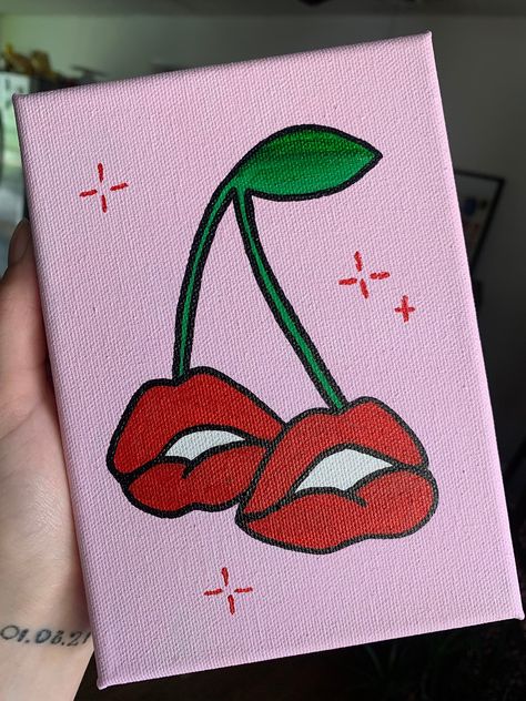 Simple Small Acrylic Paintings, Popular Canvas Painting Ideas, Lip Canvas Painting, Paint And Sip Ideas Simple, Valentines Day Canvas Art, Cute Cherry Painting, Simple Valentines Painting, Pop Art Ideas Easy, Easy Cherry Painting