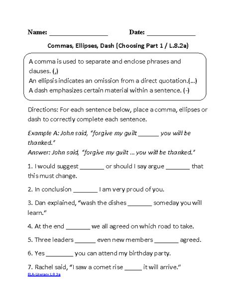 Commas Ellipses Dash CCSS.ELA-Literacy.L.8.2a Language Worksheet Teaching Punctuation, 9th Grade English, 8th Grade English, 8th Grade Reading, Punctuation Worksheets, Blood Types, Common Core Language, Ela Worksheets, Language Arts Worksheets