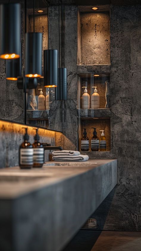 Dark Industrial Bathroom, Dark Master Bath, Industrial Design Bathroom, Concrete Bathroom Ideas, Industrial Bathroom Design, Dark Bathroom Ideas, Architecture Bathroom, Deco Bathroom, House Arch Design