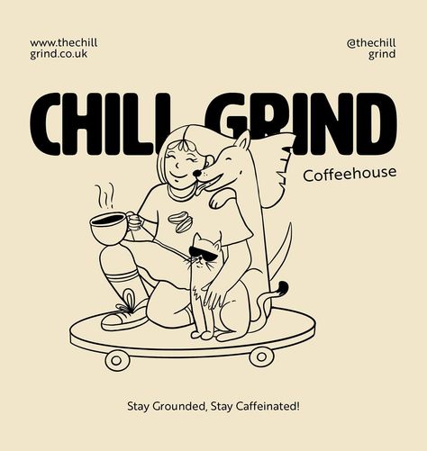 Chill Grind Coffeehouse - coffee to go 🤟 . . . . . . . . . #coffeeshop #coffeeshoplogo #coffeelogo #coffeetogo #coffeebranding #graphicdesignersclub #graphicdesignerbirmingham #brandingideas #illustrationlogo Cute Coffee Drawings, Coffee Shop Graphic Design, Coffee House Illustration, Retro Coffee Illustration, Coffee Shop Merch, Coffee Mascot Design, Coffeshop Illustration, Retro Illustration Coffee, Cat Cafe Illustration