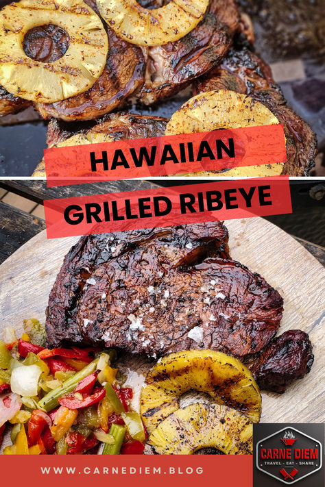 This Hawaiian Grilled Ribeye Steak recipe combines the richness of a juicy ribeye with a Hawaiian marinade mixture of soy sauce, garlic, ginger, pineapple, and rum. It's a guaranteed crowd-pleaser, perfect for a special occasion or a casual weeknight dinner.  These grilled steaks are simple and delicious. Pineapple Marinade For Steak, Hawaiian Ribeye, Hawaiian Marinade, Hawaiian Steak, Grilled Ribeye Steak Recipes, Ribeye Steak Recipe, Baked Bbq Ribs, Grilled Steaks, Grilled Ribeye Steak