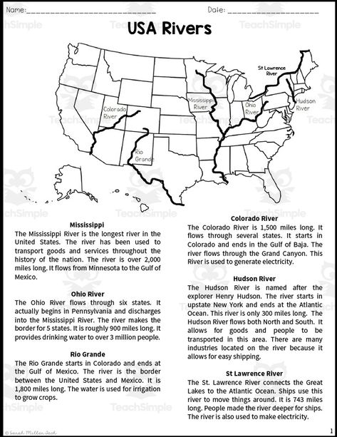 This resource is a Major US Rivers Reading Packet.This is a great no prep resource that all you have to do is print and go!Students will love learning geography as they read an informative passage and apply vocabulary terms.Worksheets included such as multiple-choice questions and graphic organizers will allow them to show what they know.These work well for social studies or reading instruction.Answer keys included. Learning Geography, Substitute Teacher Tips, Geography Vocabulary, Guided Reading Questions, Reading Questions, Homeschool Worksheets, Homeschool Geography, Homeschool Social Studies, Elementary Learning