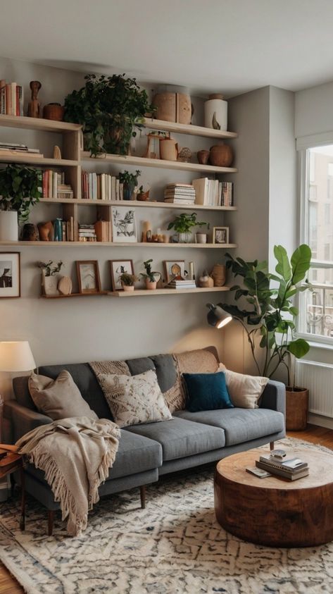 Couch With Built In Bookshelf, Shelves About Couch, Book Shelf Behind Sofa, Books Over Couch, Couch With Bookshelves Around It, Shelves Around Sofa, Floating Bookshelves Above Couch, Stacked Floating Shelves, Floating Shelves Behind Sofa