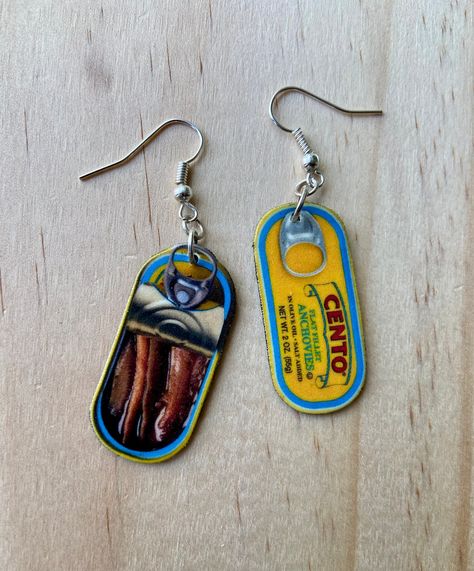 Sardine Earrings, Tinned Fish, Polymer Clay Miniature, Fish Earrings, Outdoor Concert, Earrings Summer, Pins And Patches, Big Earrings, Metal Crafts