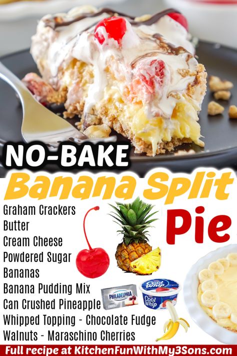 Banana Split Cheesecake Salad, Homemade Banana Split, Banana Split Pie Recipe, Banana Split Pie No Bake, Banana Split Delight, Banana Split Cheesecake Recipes, January Desserts, No Bake Banana Split Pie, Banana Split Fluff