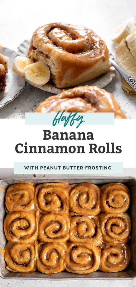 Banana Peanut Butter Cinnamon Rolls, Cinnamon Rolls With Bananas, Banana Cinnamon Rolls With Peanut Butter Frosting, Peanut Butter Covered Bananas, Banana Bread Cinnamon Rolls With Peanut Butter Frosting, Peanut Butter Cinnamon Rolls, Peanut Butter Rolls, Banana Cinnamon Rolls, Cinnamon Dessert Recipes